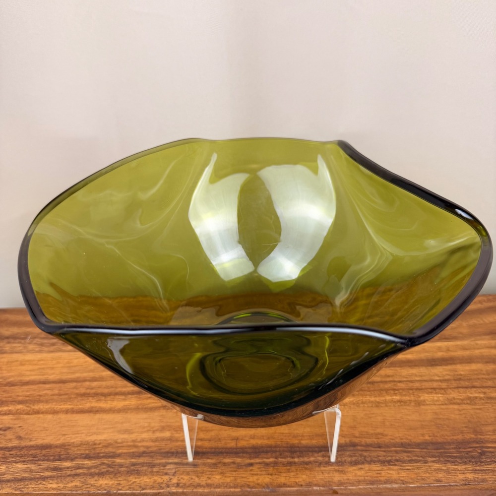 Anchor Hocking Olive Green Glass Bowl Mid Century Modern Wavy Rim Centerpiece